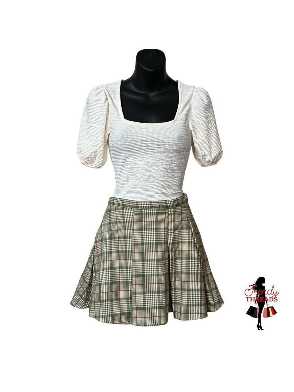 SO Juniors XS 1 Green Cream Plaid High Rise Pleated Flare Mini Skirt School Girl